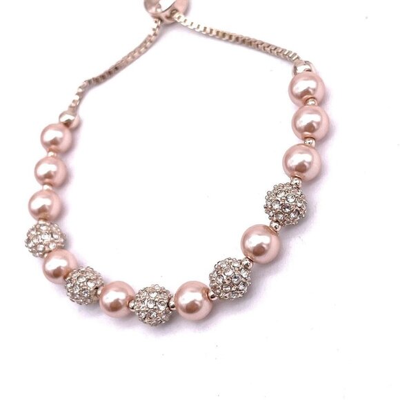 Charter Club Pave Imitation Pearl Slider Bracelet Pink Gold Tone Adjustable - Picture 2 of 4